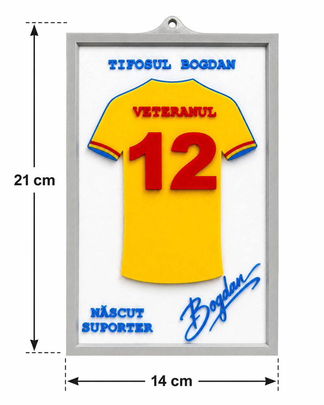 Tablou personalizat pentru suporteri – Tricou cu nume și număr, decor de perete 21 × 14 cm