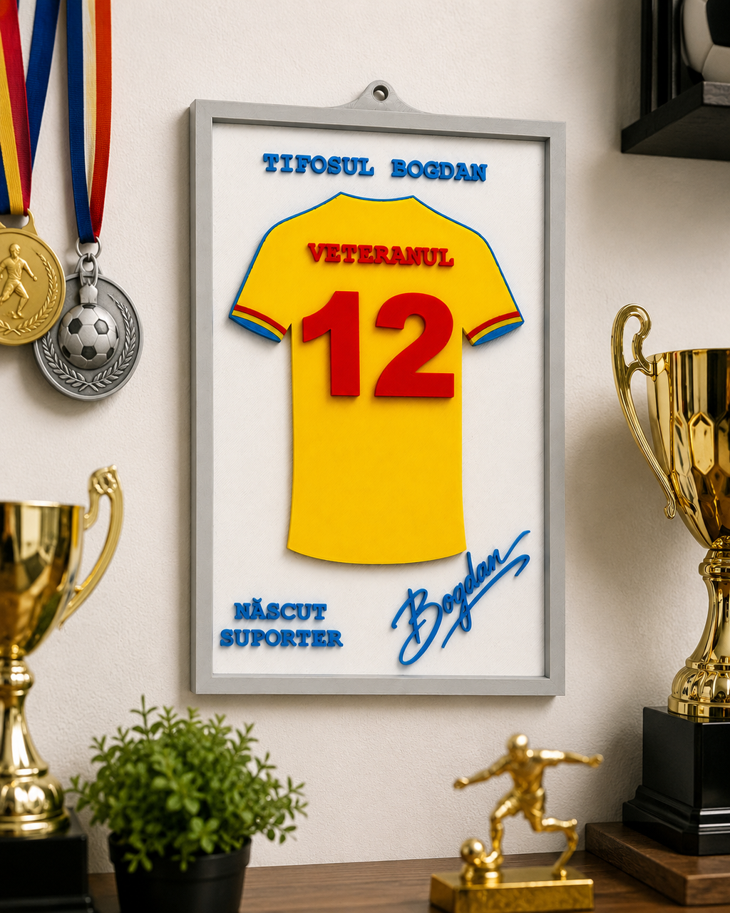 Tablou personalizat pentru suporteri – Tricou cu nume și număr, decor de perete 21 × 14 cm