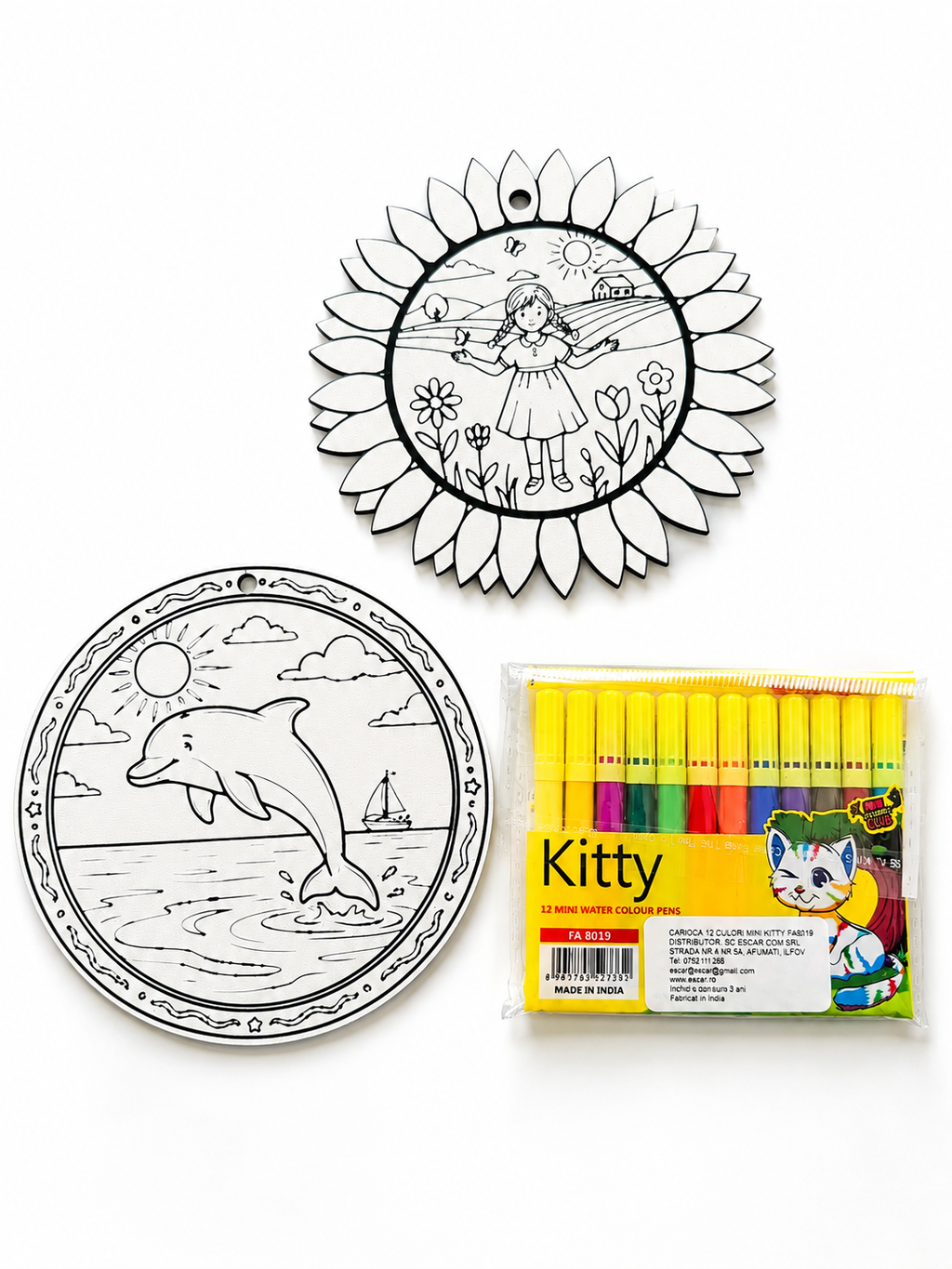 Set creativ de colorat pentru copii – 2 figurine 3D + 12 carioci | Threeguys
