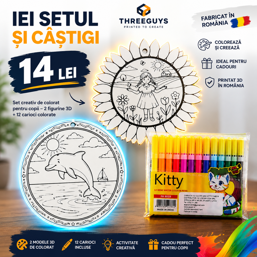 Set creativ de colorat pentru copii – 2 figurine 3D + 12 carioci | Threeguys