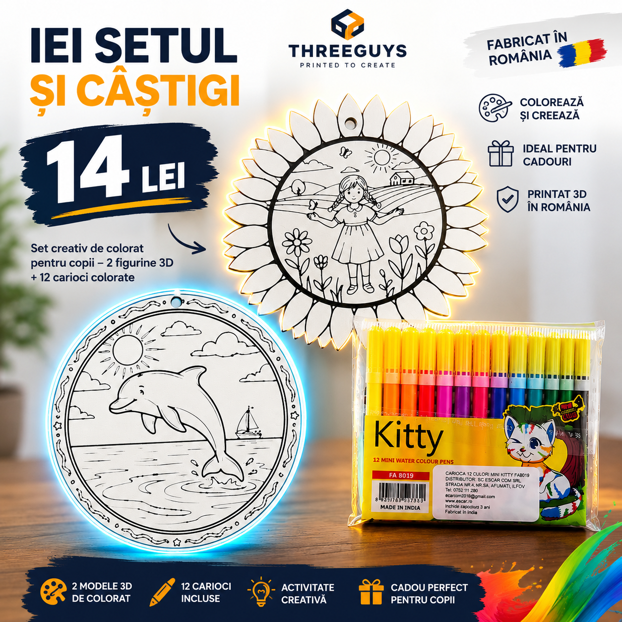 Set creativ de colorat pentru copii – 2 figurine 3D + 12 carioci | Threeguys