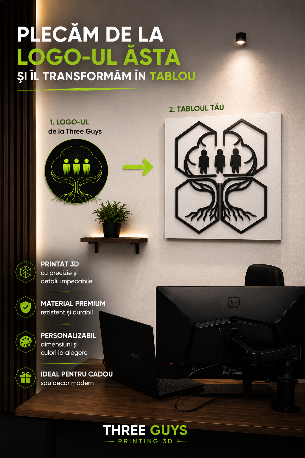 Tablou Logo Personalizat 3D – ThreeGuys Style 🌳✨