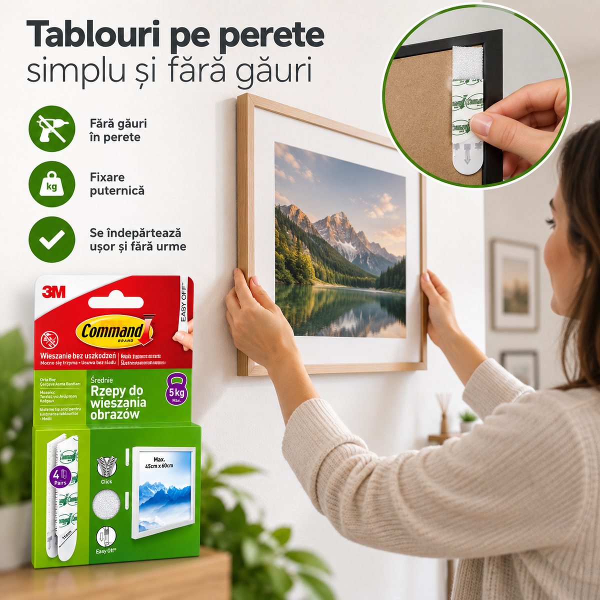 Benzi adezive 3M Command pentru tablouri – montare fără găuri
